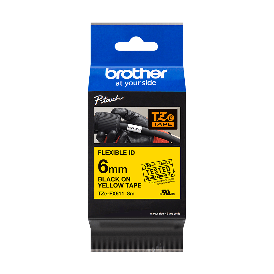 Oriģināla Brother TZe-FX611 uzlīmju lentes kasete – melnas drukasz dzeltena, 6mm plata 3